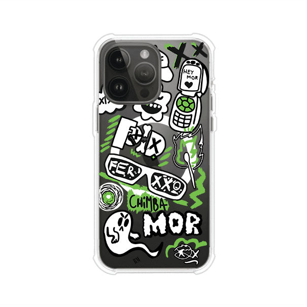 Funda para iPhone con diseño inspirado en FERXXO. Incluye stickers con frases como “CHIMBA MOR”, íconos urbanos y colores verde neón y negro. Estilo reggaetonero y atrevido, ideal para fans de Feid. Producto de Remark Mx