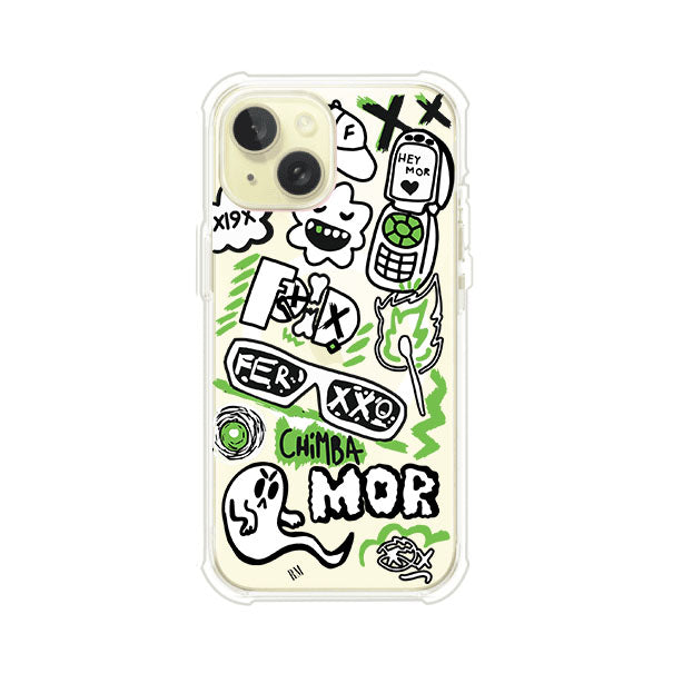 Funda para iPhone con diseño inspirado en FERXXO. Incluye stickers con frases como “CHIMBA MOR”, íconos urbanos y colores verde neón y negro. Estilo reggaetonero y atrevido, ideal para fans de Feid. Producto de Remark Mx