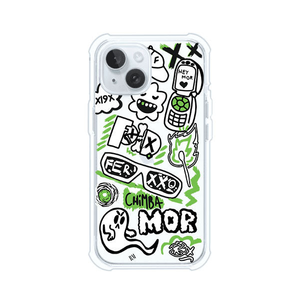 Funda para iPhone con diseño inspirado en FERXXO. Incluye stickers con frases como “CHIMBA MOR”, íconos urbanos y colores verde neón y negro. Estilo reggaetonero y atrevido, ideal para fans de Feid. Producto de Remark Mx