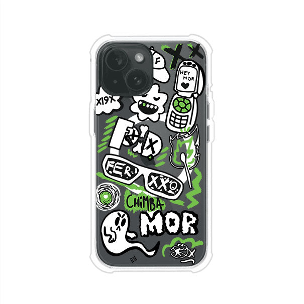 Funda para iPhone con diseño inspirado en FERXXO. Incluye stickers con frases como “CHIMBA MOR”, íconos urbanos y colores verde neón y negro. Estilo reggaetonero y atrevido, ideal para fans de Feid. Producto de Remark Mx