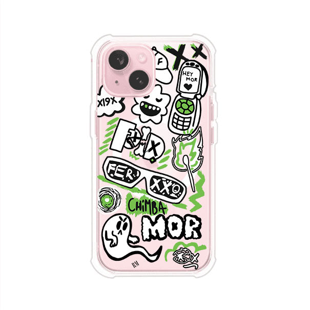 Funda para iPhone con diseño inspirado en FERXXO. Incluye stickers con frases como “CHIMBA MOR”, íconos urbanos y colores verde neón y negro. Estilo reggaetonero y atrevido, ideal para fans de Feid. Producto de Remark Mx
