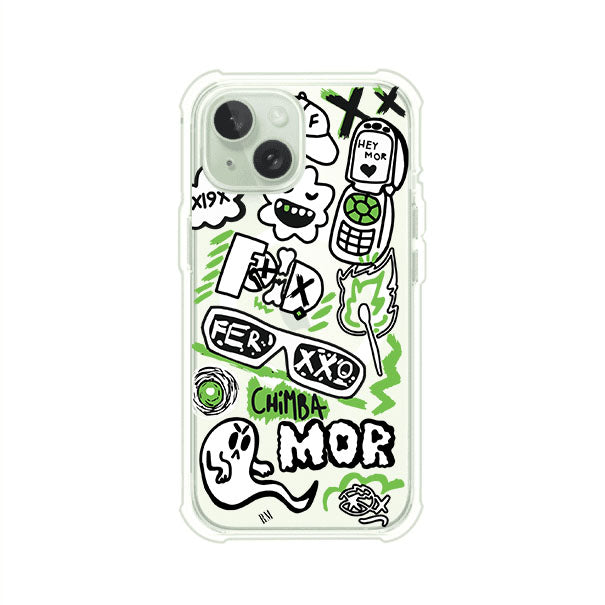 Funda para iPhone con diseño inspirado en FERXXO. Incluye stickers con frases como “CHIMBA MOR”, íconos urbanos y colores verde neón y negro. Estilo reggaetonero y atrevido, ideal para fans de Feid. Producto de Remark Mx