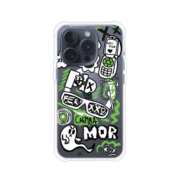 Funda para iPhone con diseño inspirado en FERXXO. Incluye stickers con frases como “CHIMBA MOR”, íconos urbanos y colores verde neón y negro. Estilo reggaetonero y atrevido, ideal para fans de Feid. Producto de Remark Mx