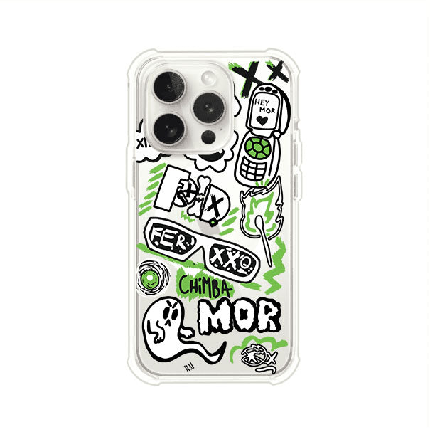 Funda para iPhone con diseño inspirado en FERXXO. Incluye stickers con frases como “CHIMBA MOR”, íconos urbanos y colores verde neón y negro. Estilo reggaetonero y atrevido, ideal para fans de Feid. Producto de Remark Mx