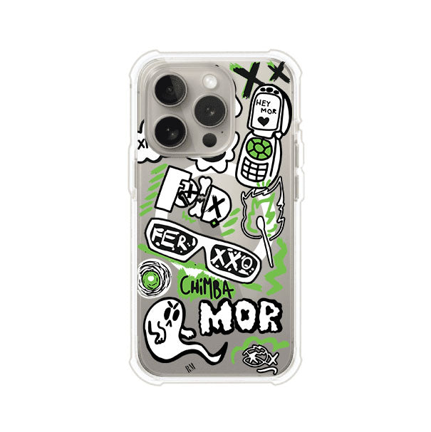 Funda para iPhone con diseño inspirado en FERXXO. Incluye stickers con frases como “CHIMBA MOR”, íconos urbanos y colores verde neón y negro. Estilo reggaetonero y atrevido, ideal para fans de Feid. Producto de Remark Mx