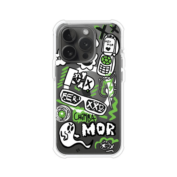 Funda para iPhone con diseño inspirado en FERXXO. Incluye stickers con frases como “CHIMBA MOR”, íconos urbanos y colores verde neón y negro. Estilo reggaetonero y atrevido, ideal para fans de Feid. Producto de Remark Mx