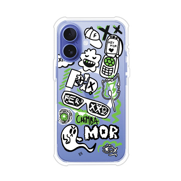 Funda para iPhone con diseño inspirado en FERXXO. Incluye stickers con frases como “CHIMBA MOR”, íconos urbanos y colores verde neón y negro. Estilo reggaetonero y atrevido, ideal para fans de Feid. Producto de Remark Mx