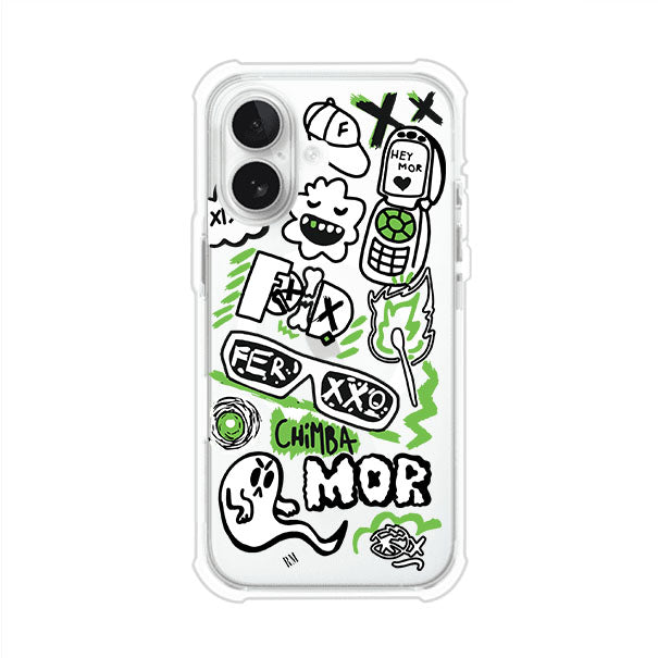 Funda para iPhone con diseño inspirado en FERXXO. Incluye stickers con frases como “CHIMBA MOR”, íconos urbanos y colores verde neón y negro. Estilo reggaetonero y atrevido, ideal para fans de Feid. Producto de Remark Mx
