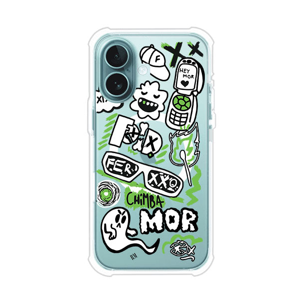 Funda para iPhone con diseño inspirado en FERXXO. Incluye stickers con frases como “CHIMBA MOR”, íconos urbanos y colores verde neón y negro. Estilo reggaetonero y atrevido, ideal para fans de Feid. Producto de Remark Mx