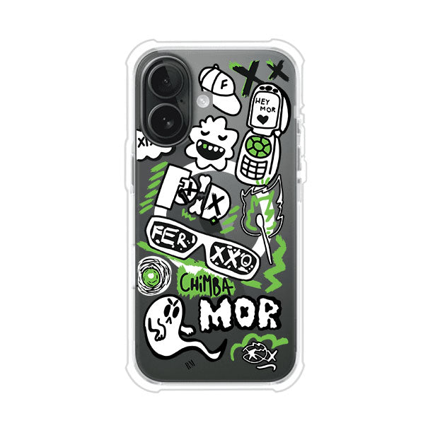 Funda para iPhone con diseño inspirado en FERXXO. Incluye stickers con frases como “CHIMBA MOR”, íconos urbanos y colores verde neón y negro. Estilo reggaetonero y atrevido, ideal para fans de Feid. Producto de Remark Mx