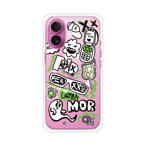 Funda para iPhone con diseño inspirado en FERXXO. Incluye stickers con frases como “CHIMBA MOR”, íconos urbanos y colores verde neón y negro. Estilo reggaetonero y atrevido, ideal para fans de Feid. Producto de Remark Mx