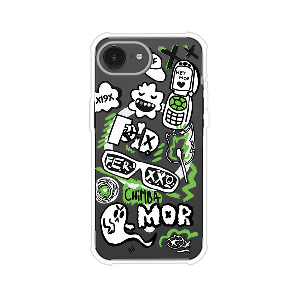 Funda para iPhone con diseño inspirado en FERXXO. Incluye stickers con frases como “CHIMBA MOR”, íconos urbanos y colores verde neón y negro. Estilo reggaetonero y atrevido, ideal para fans de Feid. Producto de Remark Mx