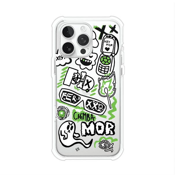 Funda para iPhone con diseño inspirado en FERXXO. Incluye stickers con frases como “CHIMBA MOR”, íconos urbanos y colores verde neón y negro. Estilo reggaetonero y atrevido, ideal para fans de Feid. Producto de Remark Mx