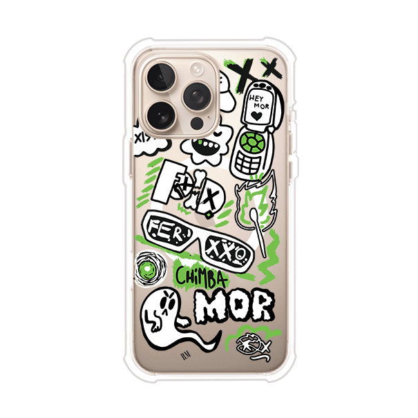 Funda para iPhone con diseño inspirado en FERXXO. Incluye stickers con frases como “CHIMBA MOR”, íconos urbanos y colores verde neón y negro. Estilo reggaetonero y atrevido, ideal para fans de Feid. Producto de Remark Mx