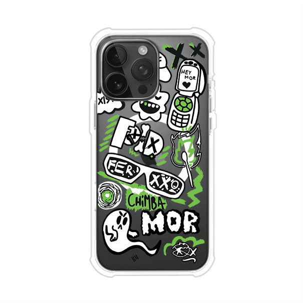 Funda para iPhone con diseño inspirado en FERXXO. Incluye stickers con frases como “CHIMBA MOR”, íconos urbanos y colores verde neón y negro. Estilo reggaetonero y atrevido, ideal para fans de Feid. Producto de Remark Mx
