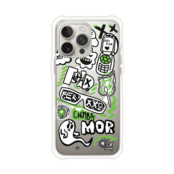 Funda para iPhone con diseño inspirado en FERXXO. Incluye stickers con frases como “CHIMBA MOR”, íconos urbanos y colores verde neón y negro. Estilo reggaetonero y atrevido, ideal para fans de Feid. Producto de Remark Mx