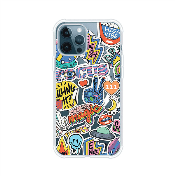 Funda para iPhone con diseño de stickers coloridos con frases motivacionales y energías positivas – Remark Mx