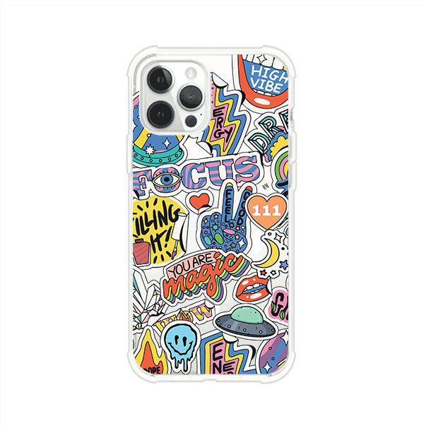 Funda para iPhone con diseño de stickers coloridos con frases motivacionales y energías positivas – Remark Mx