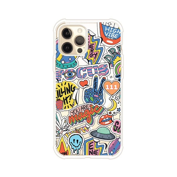 Funda para iPhone con diseño de stickers coloridos con frases motivacionales y energías positivas – Remark Mx