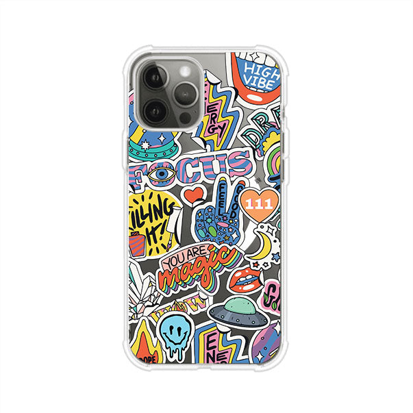 Funda para iPhone con diseño de stickers coloridos con frases motivacionales y energías positivas – Remark Mx