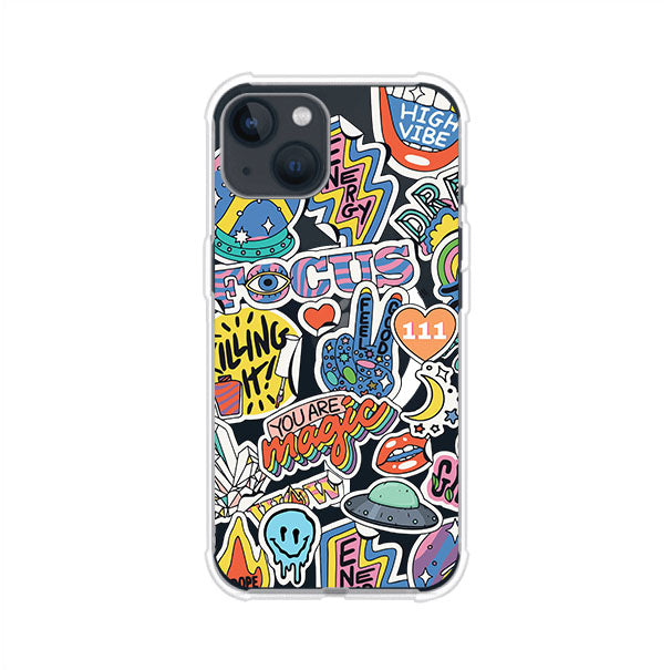 Funda para iPhone con diseño de stickers coloridos con frases motivacionales y energías positivas – Remark Mx