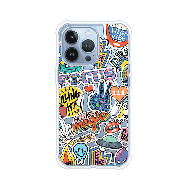 Funda para iPhone con diseño de stickers coloridos con frases motivacionales y energías positivas – Remark Mx
