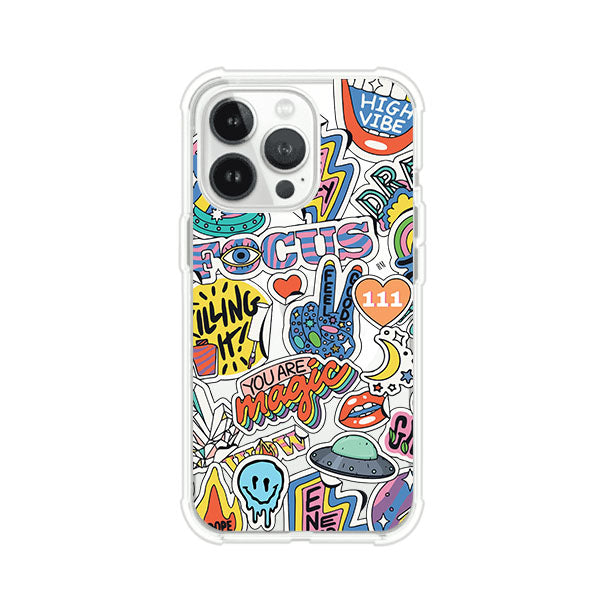 Funda para iPhone con diseño de stickers coloridos con frases motivacionales y energías positivas – Remark Mx