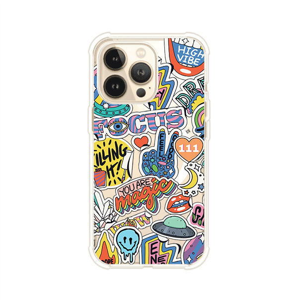Funda para iPhone con diseño de stickers coloridos con frases motivacionales y energías positivas – Remark Mx