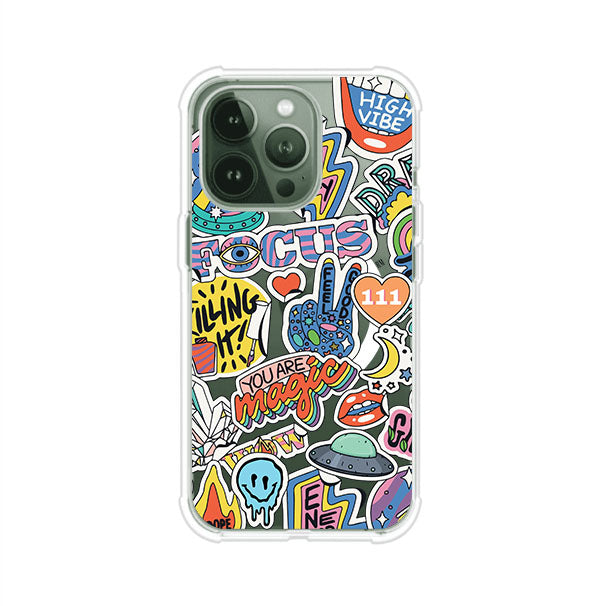 Funda para iPhone con diseño de stickers coloridos con frases motivacionales y energías positivas – Remark Mx