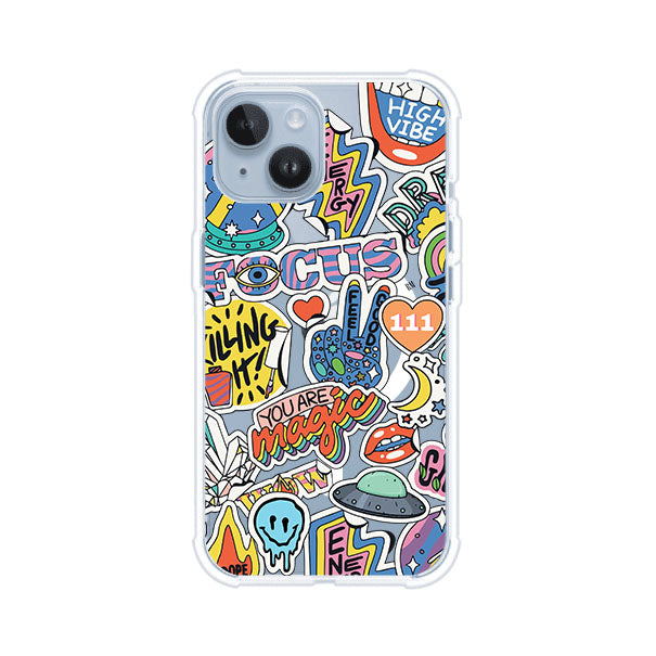Funda para iPhone con diseño de stickers coloridos con frases motivacionales y energías positivas – Remark Mx
