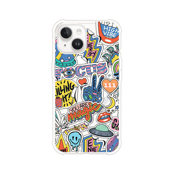 Funda para iPhone con diseño de stickers coloridos con frases motivacionales y energías positivas – Remark Mx