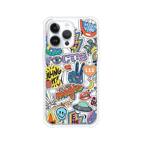 Funda para iPhone con diseño de stickers coloridos con frases motivacionales y energías positivas – Remark Mx