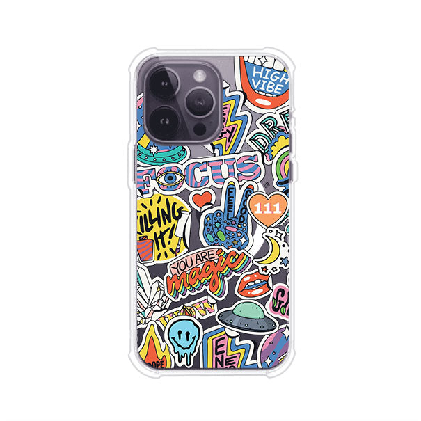 Funda para iPhone con diseño de stickers coloridos con frases motivacionales y energías positivas – Remark Mx