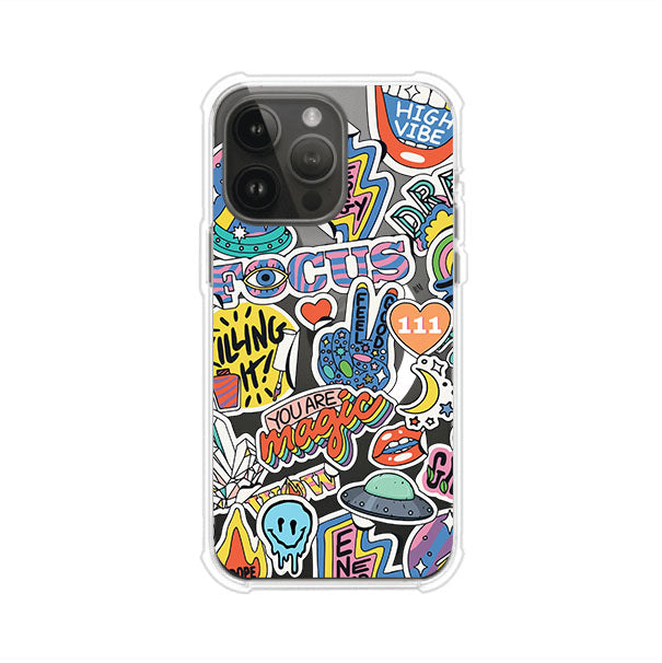 Funda para iPhone con diseño de stickers coloridos con frases motivacionales y energías positivas – Remark Mx