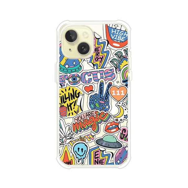 Funda para iPhone con diseño de stickers coloridos con frases motivacionales y energías positivas – Remark Mx