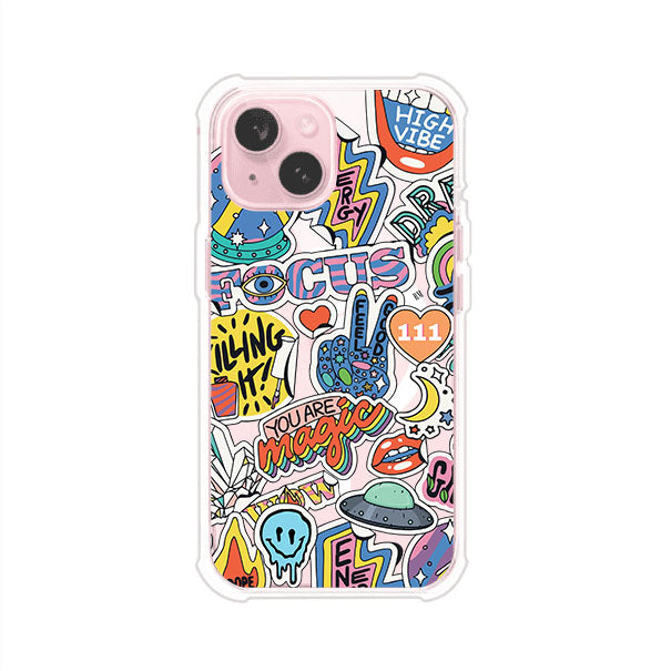 Funda para iPhone con diseño de stickers coloridos con frases motivacionales y energías positivas – Remark Mx