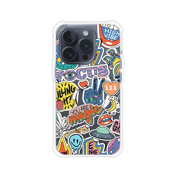 Funda para iPhone con diseño de stickers coloridos con frases motivacionales y energías positivas – Remark Mx