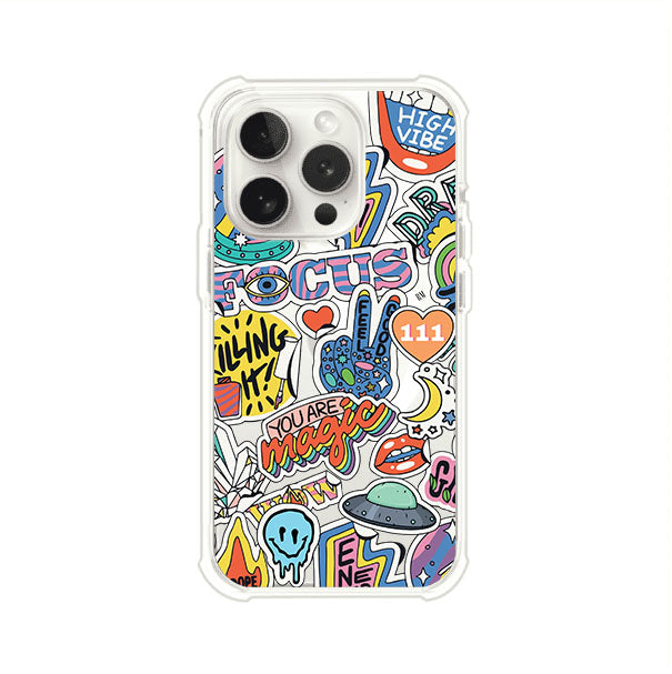 Funda para iPhone con diseño de stickers coloridos con frases motivacionales y energías positivas – Remark Mx