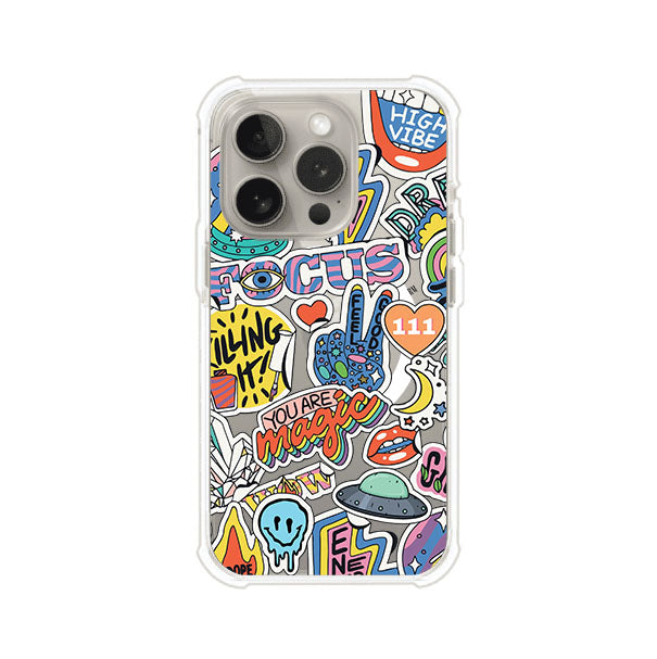Funda para iPhone con diseño de stickers coloridos con frases motivacionales y energías positivas – Remark Mx