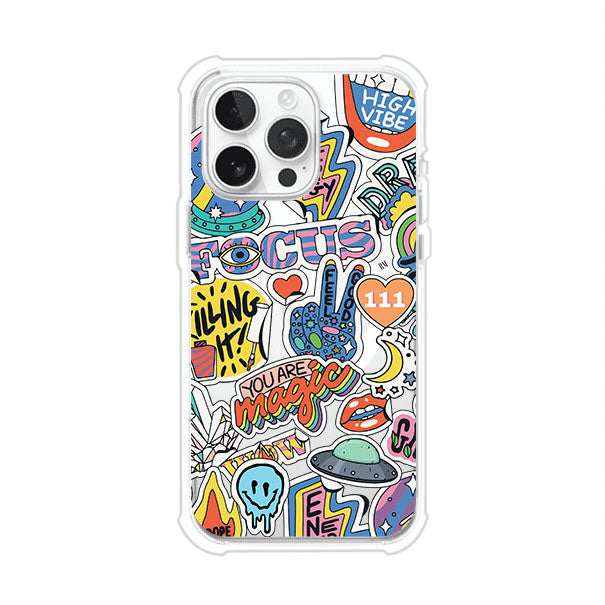 Funda para iPhone con diseño de stickers coloridos con frases motivacionales y energías positivas – Remark Mx