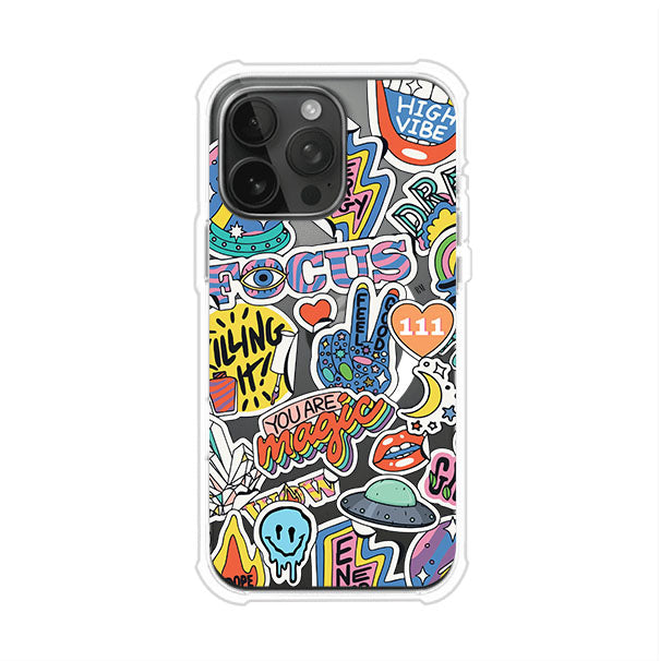 Funda para iPhone con diseño de stickers coloridos con frases motivacionales y energías positivas – Remark Mx