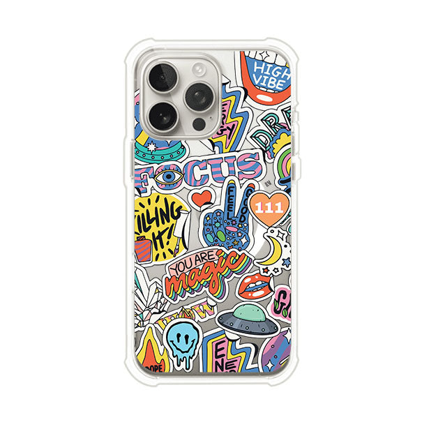 Funda para iPhone con diseño de stickers coloridos con frases motivacionales y energías positivas – Remark Mx