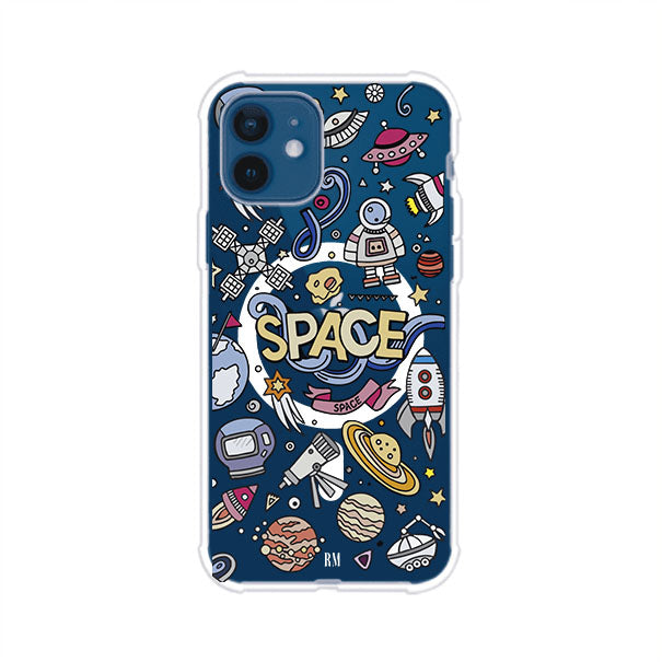 Funda para iPhone con diseño espacial, incluye ilustraciones de planetas, cohetes, astronautas y estrellas en estilo doodle divertido. Producto de Remark Mx