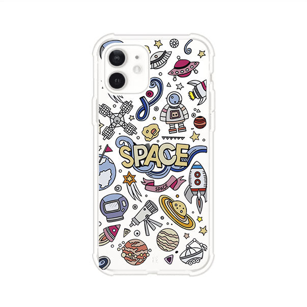 Funda para iPhone con diseño espacial, incluye ilustraciones de planetas, cohetes, astronautas y estrellas en estilo doodle divertido. Producto de Remark Mx