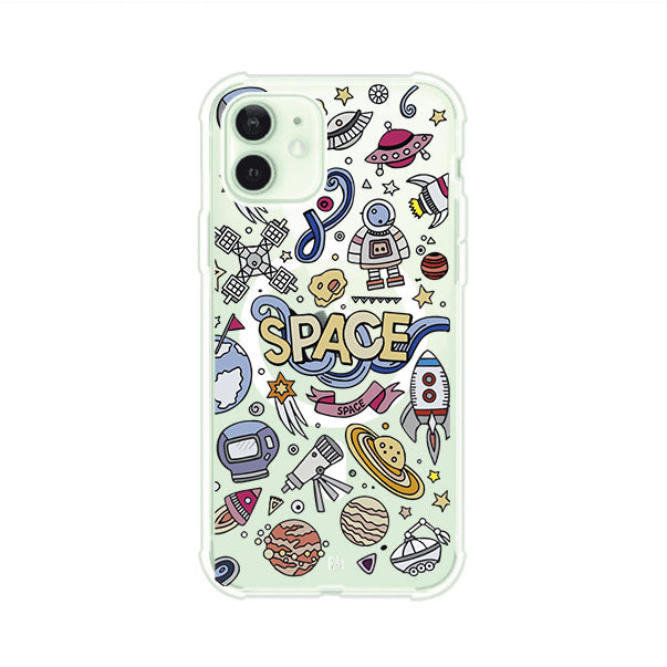 Funda para iPhone con diseño espacial, incluye ilustraciones de planetas, cohetes, astronautas y estrellas en estilo doodle divertido. Producto de Remark Mx