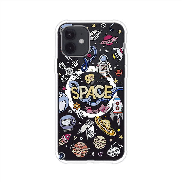 Funda para iPhone con diseño espacial, incluye ilustraciones de planetas, cohetes, astronautas y estrellas en estilo doodle divertido. Producto de Remark Mx