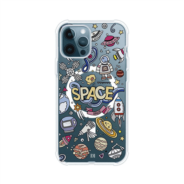 Funda para iPhone con diseño espacial, incluye ilustraciones de planetas, cohetes, astronautas y estrellas en estilo doodle divertido. Producto de Remark Mx