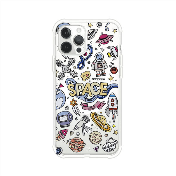 Funda para iPhone con diseño espacial, incluye ilustraciones de planetas, cohetes, astronautas y estrellas en estilo doodle divertido. Producto de Remark Mx