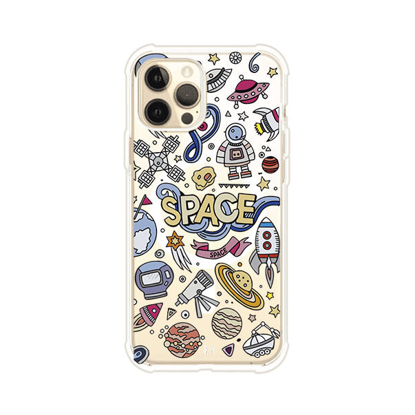 Funda para iPhone con diseño espacial, incluye ilustraciones de planetas, cohetes, astronautas y estrellas en estilo doodle divertido. Producto de Remark Mx