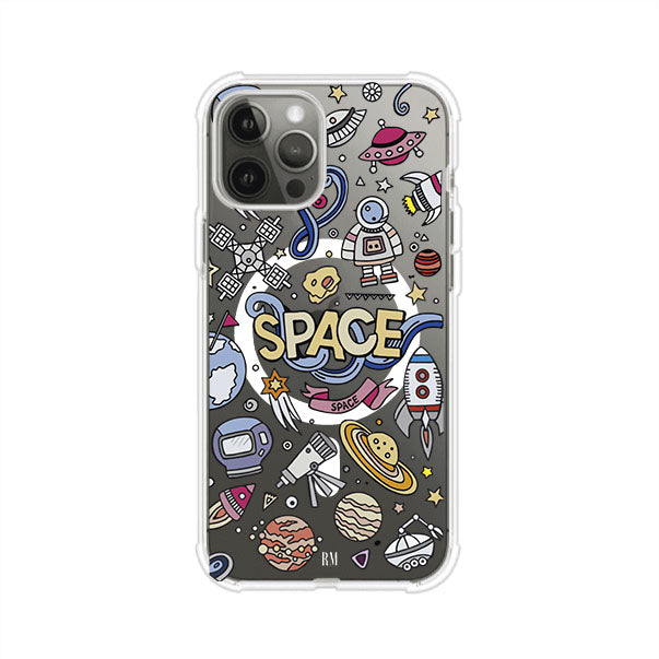 Funda para iPhone con diseño espacial, incluye ilustraciones de planetas, cohetes, astronautas y estrellas en estilo doodle divertido. Producto de Remark Mx